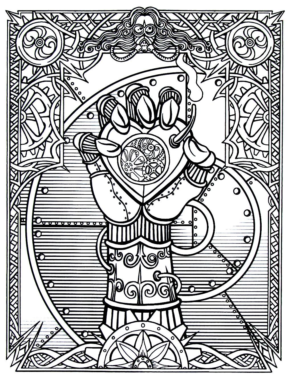 Steampunk wrapped hand with heart clock printable coloring book page steampunk coloring book steampunk coloring coloring books