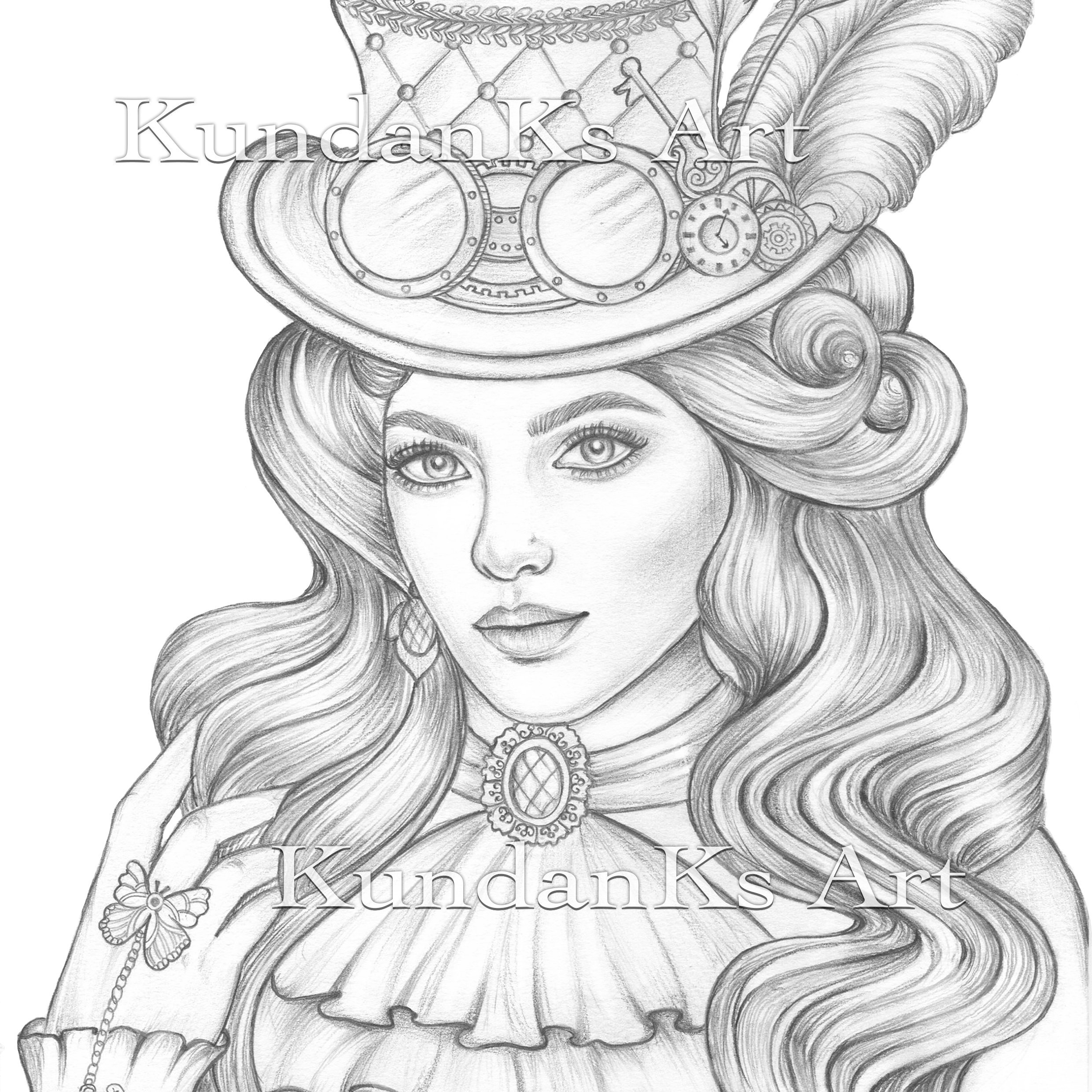 Steampunk anna steampunk adult coloring pages premium coloring pages line art grayscale page instant download aa printable instant download