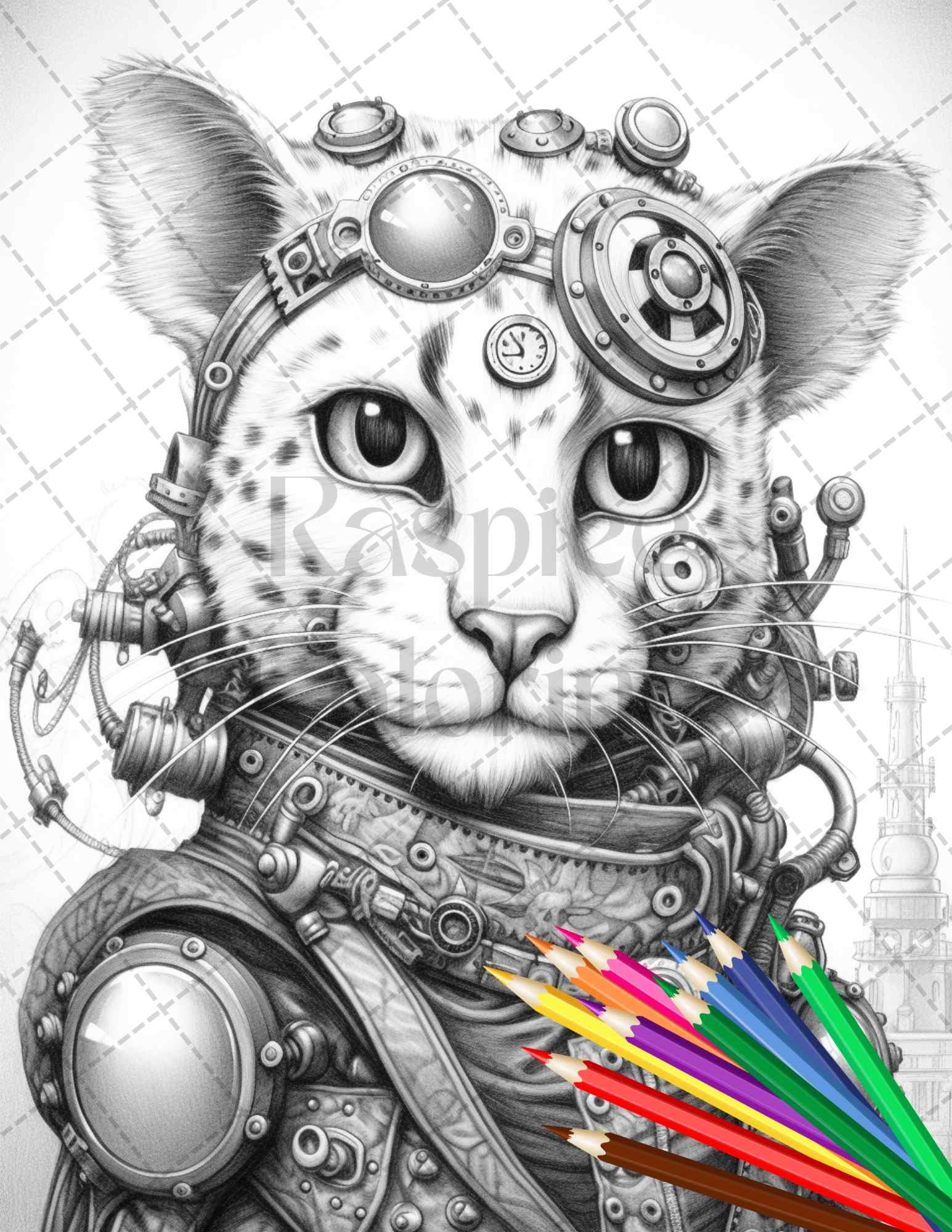 Steampunk animals grayscale coloring pages printable for adults pd â coloring