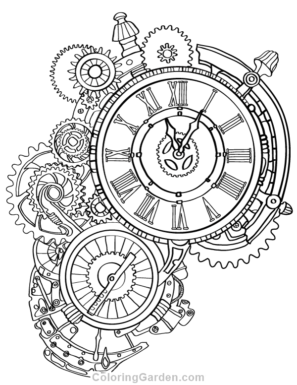 Steampunk clock adult coloring page