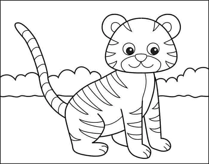 Easy tiger drawing for kids tutorial and tiger coloring page