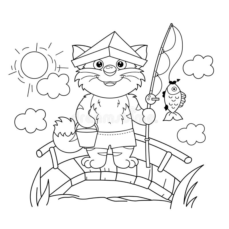 Coloring page outline of cartoon cat with fishing rod cheerful fisher or fisherman with fish coloring book for kids stock vector