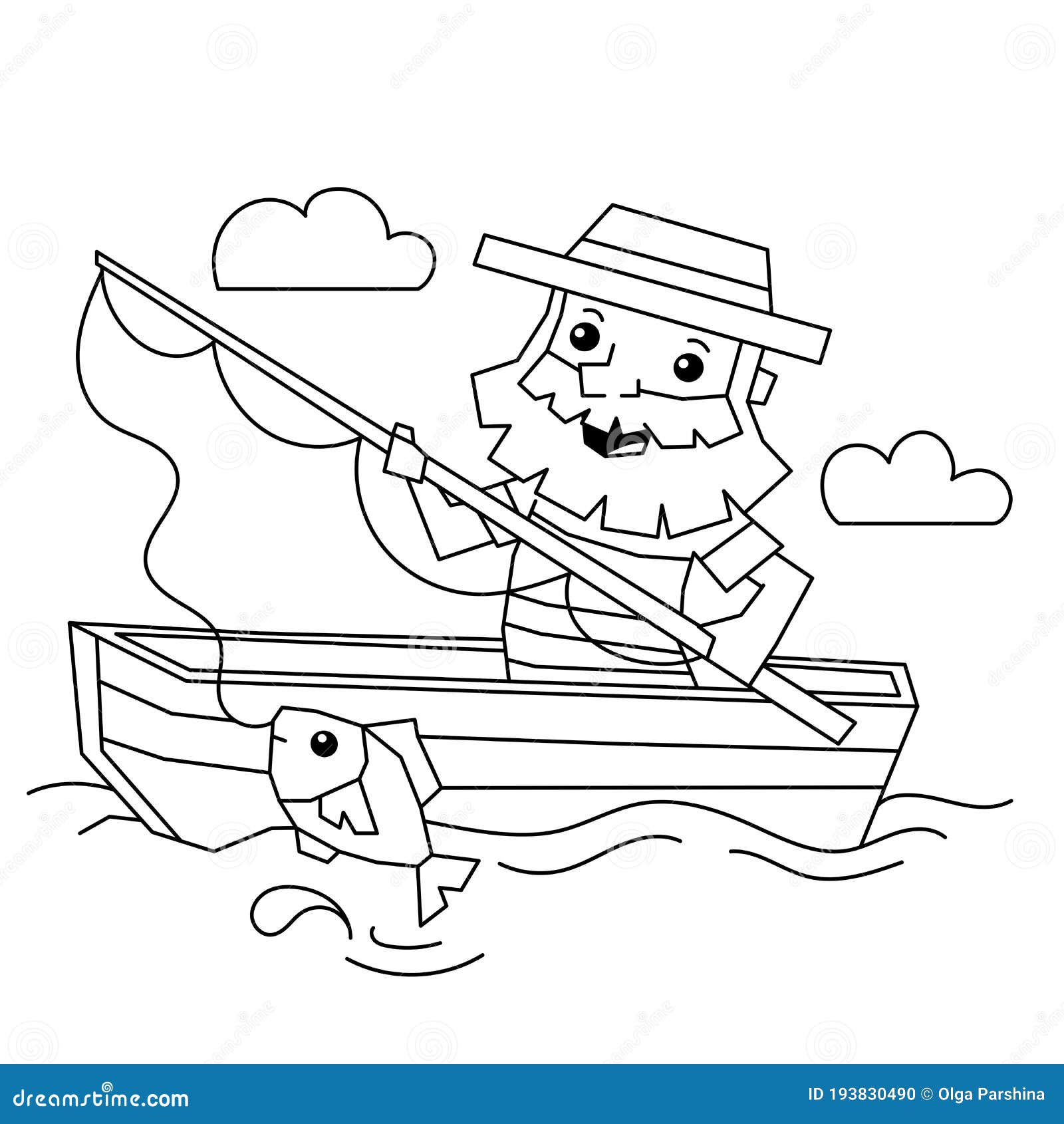 Coloring page outline of a fisherman with a fishing rod in boat coloring book for kids stock vector