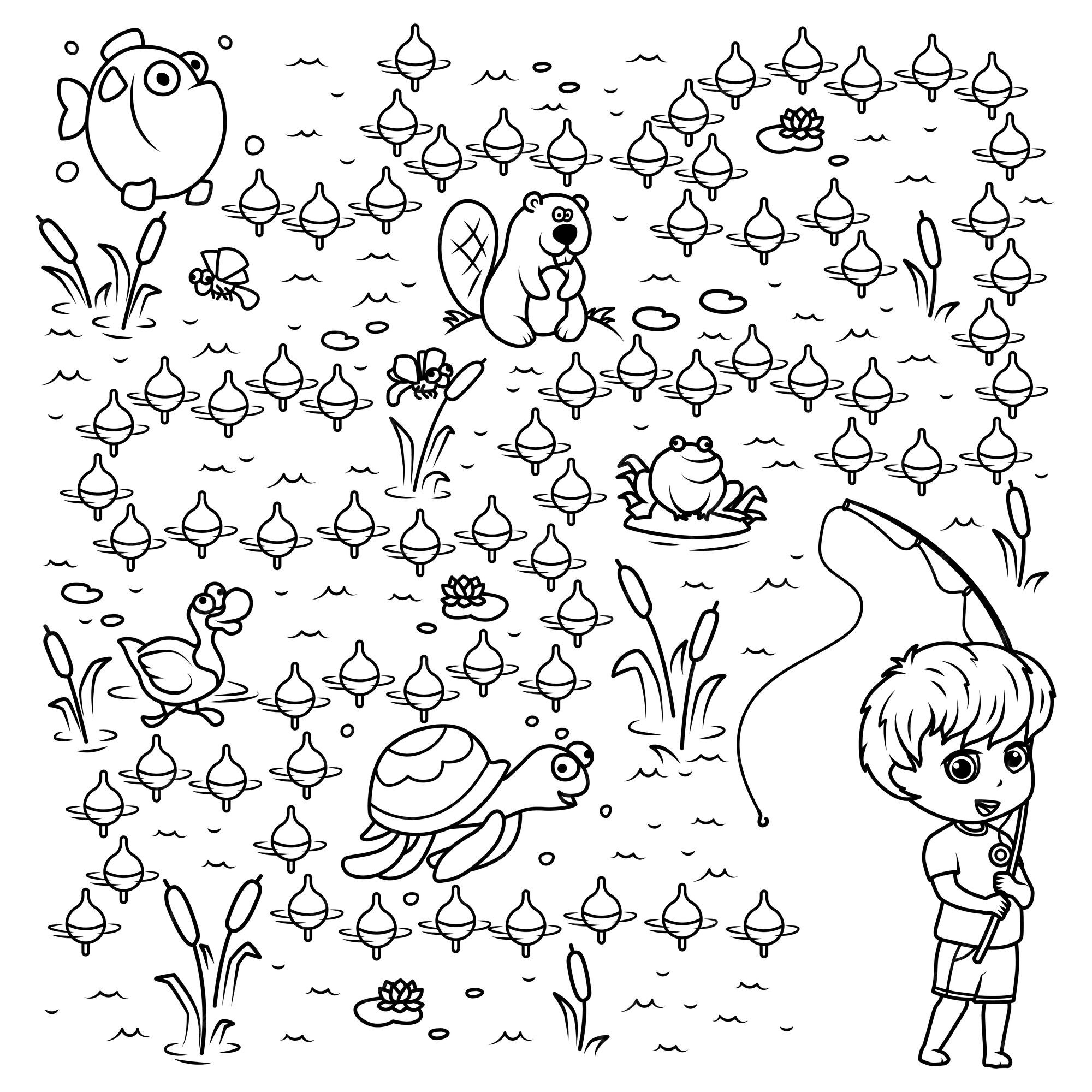 Premium vector coloring page outline of the lake on which you need to lead a boy with a fishing rod to the fish