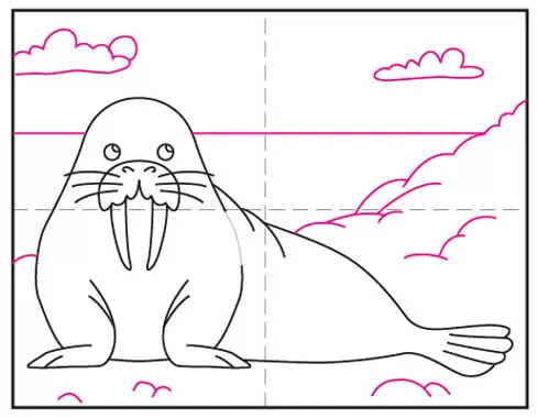 Easy how to draw a walrus tutorial and walrus coloring page