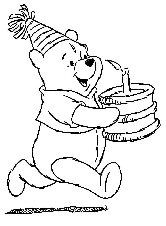 Pooh and birthday cake coloring page