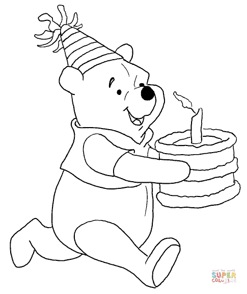 Pooh is bring a birthday cake coloring page free printable coloring pages