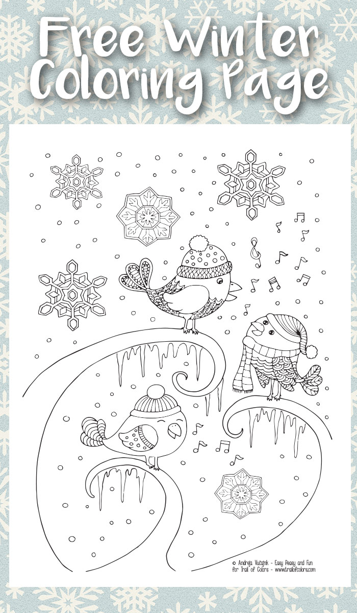 Singing birds winter coloring page for adults