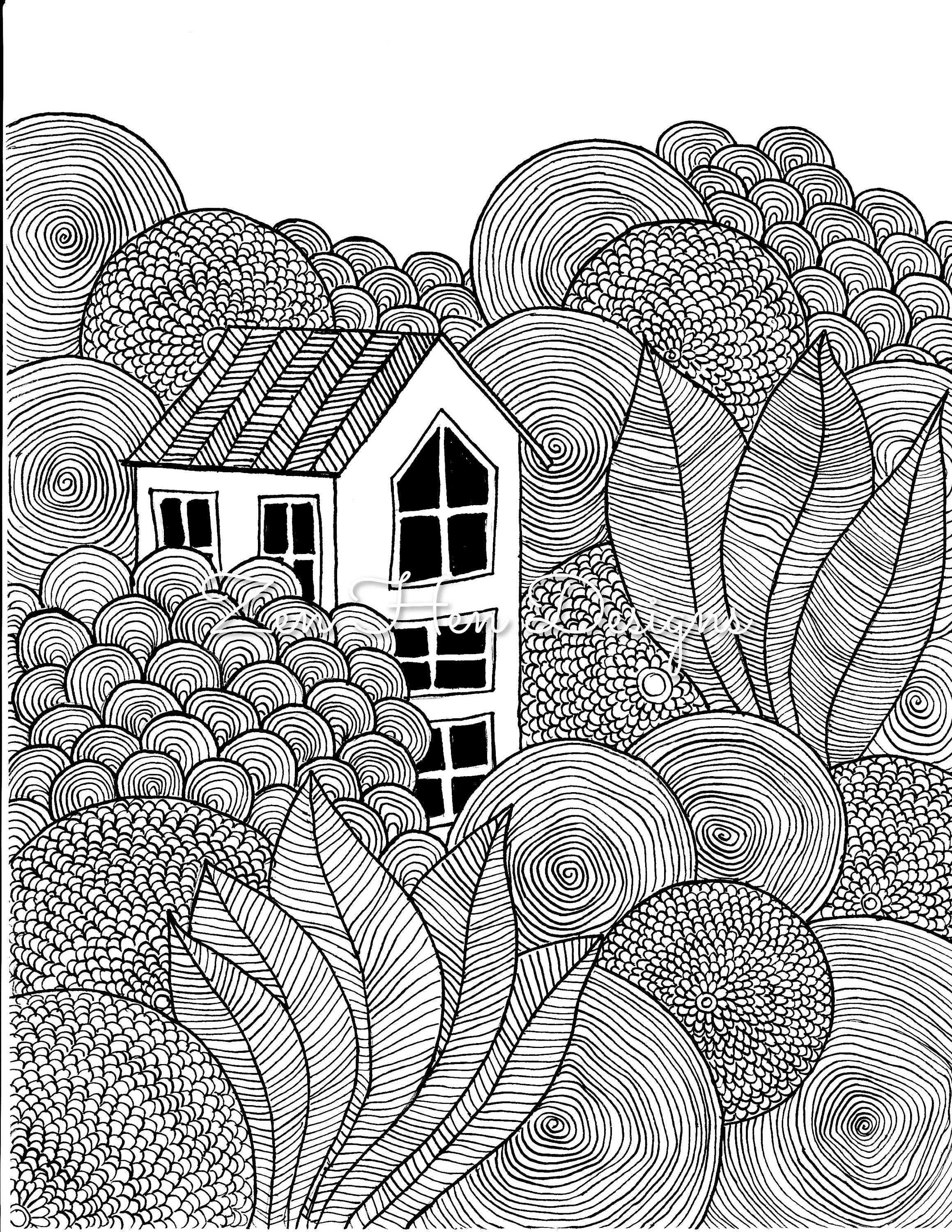 Zentangle scenery coloring page printable