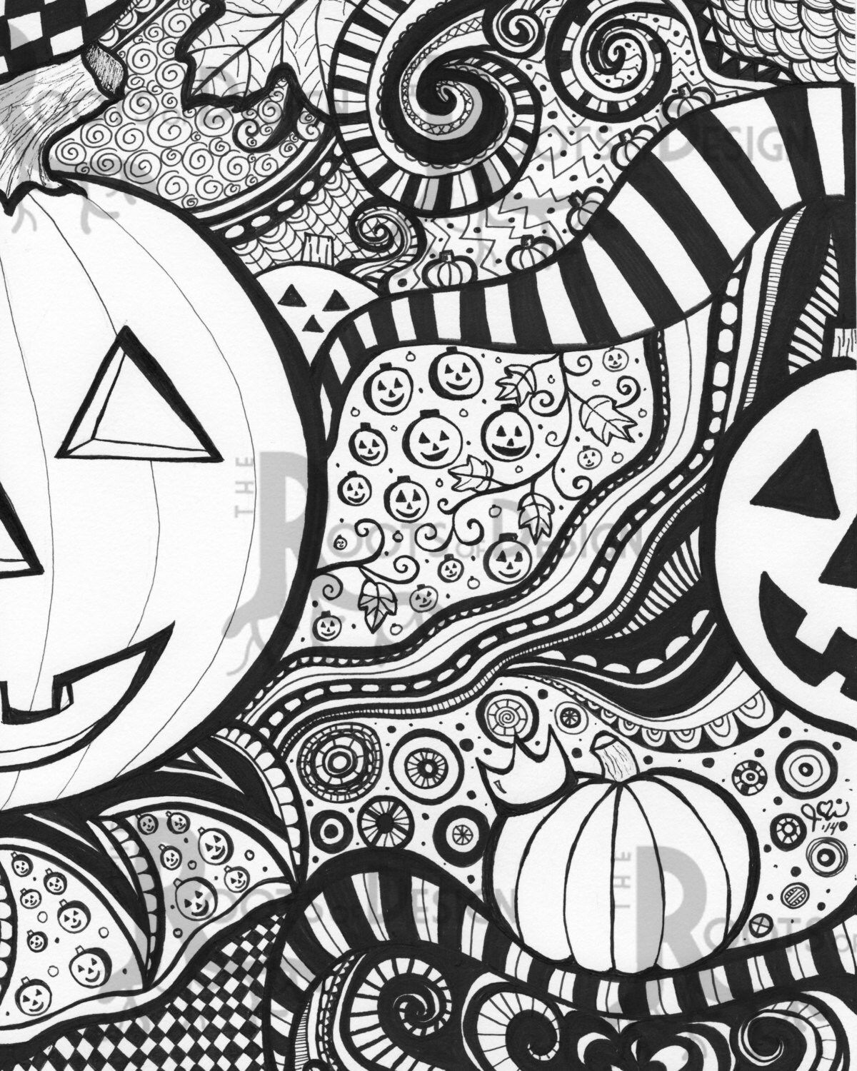 Instant download coloring page pumpkin art print zentangle inspired doodle art printable