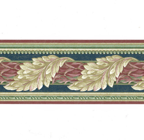 Architectural acanthus leaf scroll burgundy blue gold crackled wallpaper border