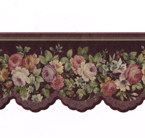 Victorian lace scalloped antique burgundy rose floral silk wallpaper border