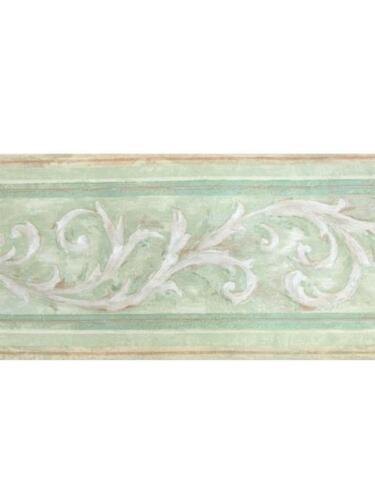 Light green and peach scroll wallpaper border