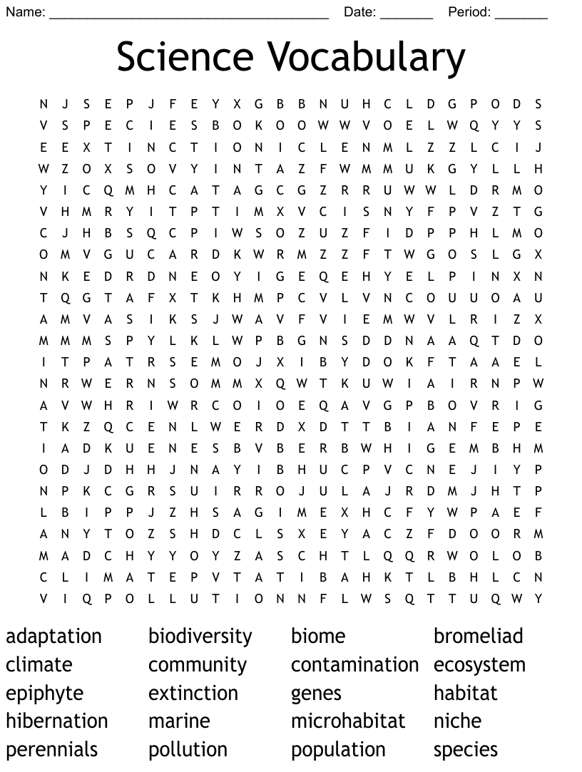 Science vocabulary word search