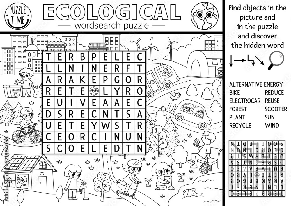 Vector ecological wordsearch puzzle for kids black and white earth day word search quiz with eco city landscape eco awareness line activity environment friendly cross word coloring page vector