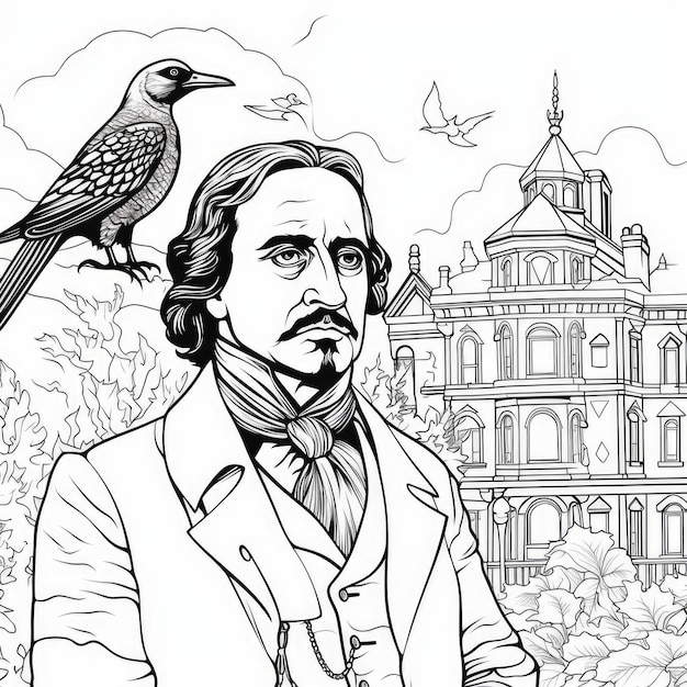 Premium ai image gothic delights edgar allan poe coloring page featuring ravens and thick outlines on a white backgr