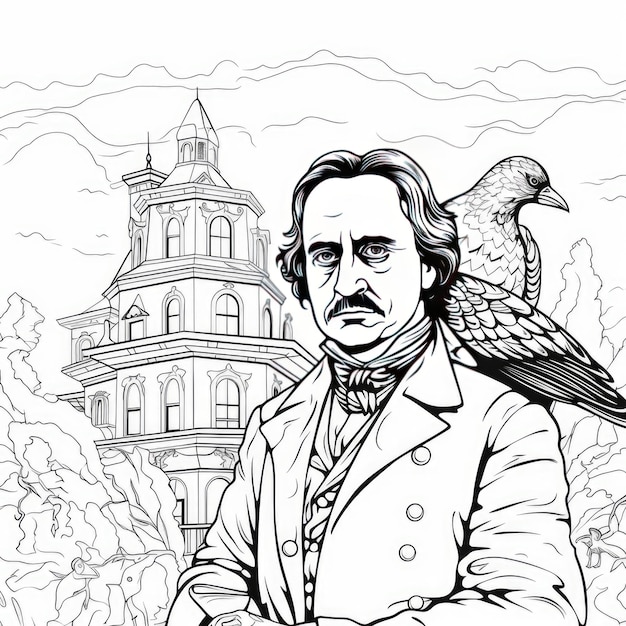 Premium ai image enchantment unleashed gothic coloring page with edgar allan poe ravens presence and thick outline