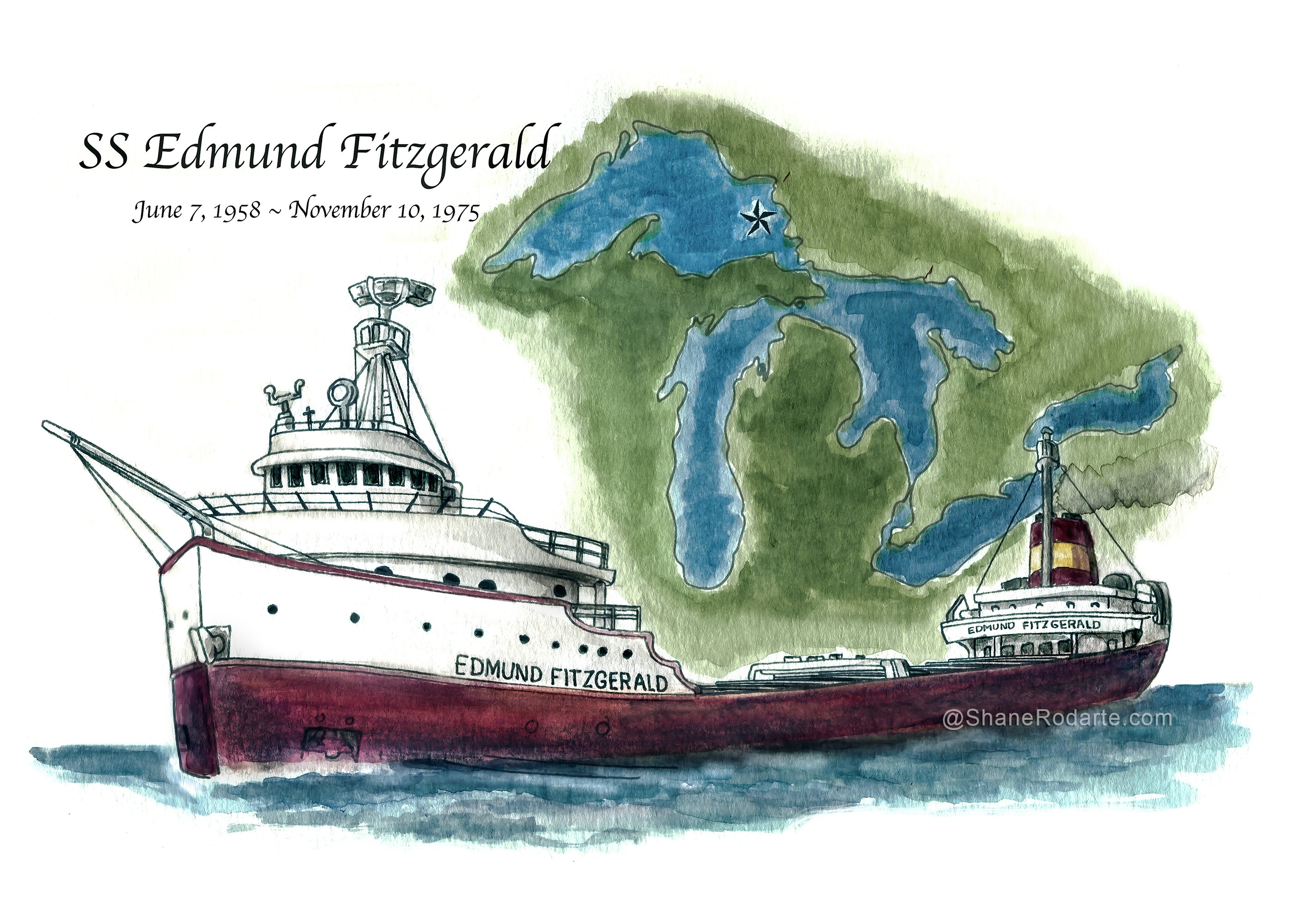 Ss edmund fitzgerald is a print of an original watercolor painting of of the edmund fitzgerald a ship that sank in lake superior in