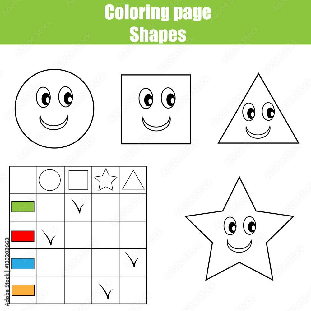 Coloring page practice sheet educational children game kids activity printable worksheet learning shapes and colors vector
