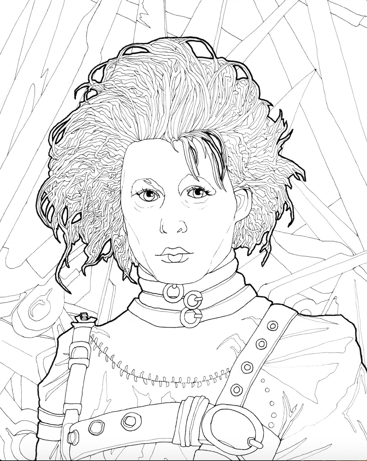 Digital download edward sciscorhands coloring page downloadable halloween coloring for adults tim burton movie printable coloring page