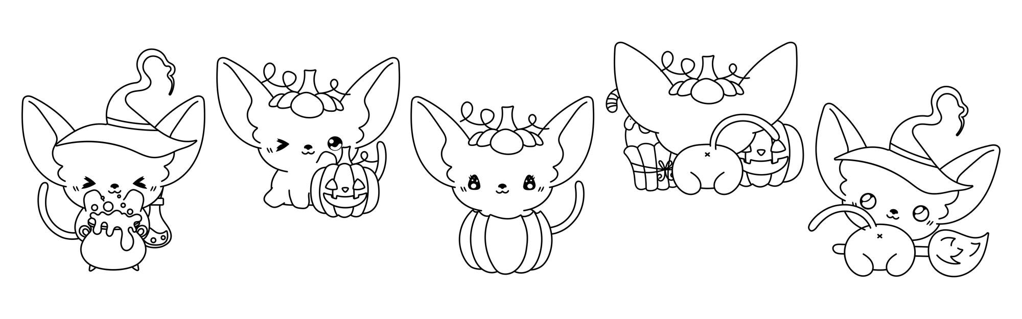 Premium vector set of kawaii halloween sphynx cat coloring page collection of cute vector halloween cat outline