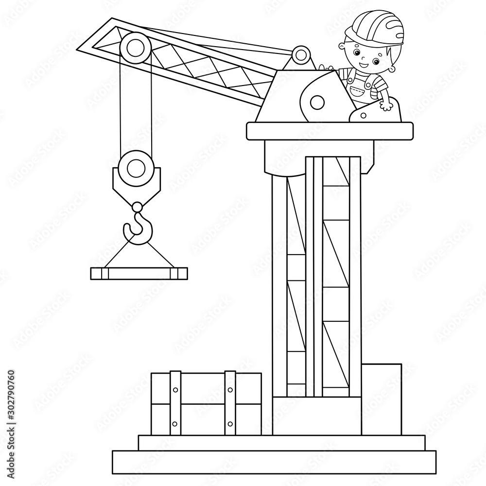 Coloring page outline of elevating crane construction vehicles coloring book for kids vector