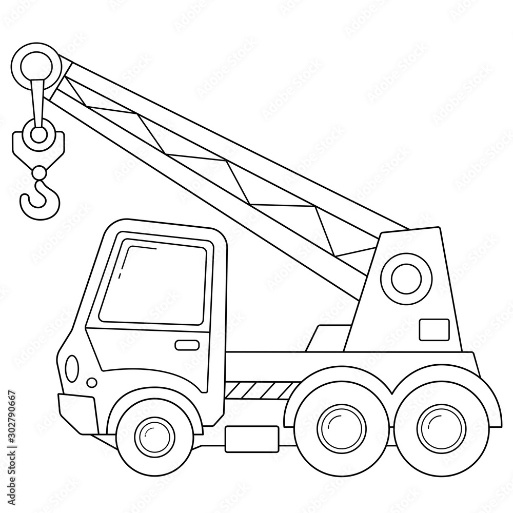 Coloring page outline of cartoon truck crane construction vehicles coloring book for kids vector