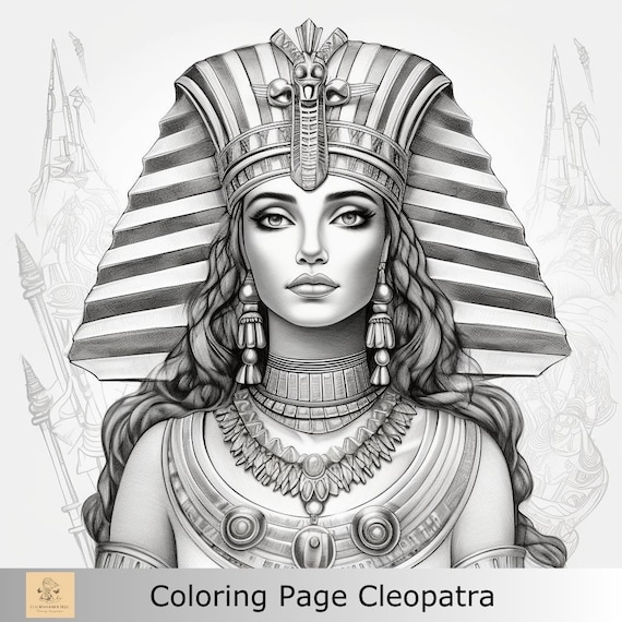 Greyscale cleopatra egypt printable coloring page printable adult coloring page download greyscale illustration