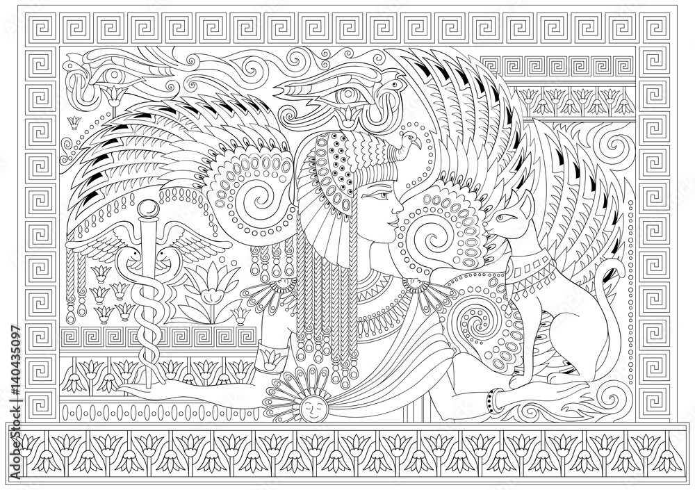 Black and white page for coloring drawing of beautiful egyptian queen between fantastic ancient ornaments worksheet for children and adults vector image vector