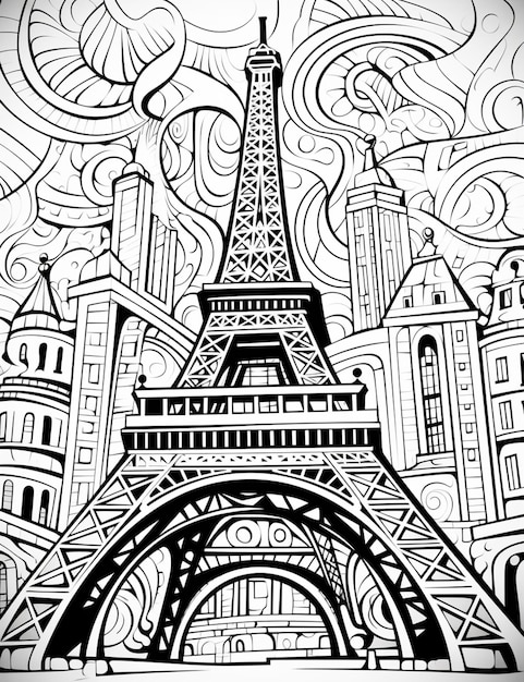 Premium ai image coloring pages of the eiffel tower in paris generative ai