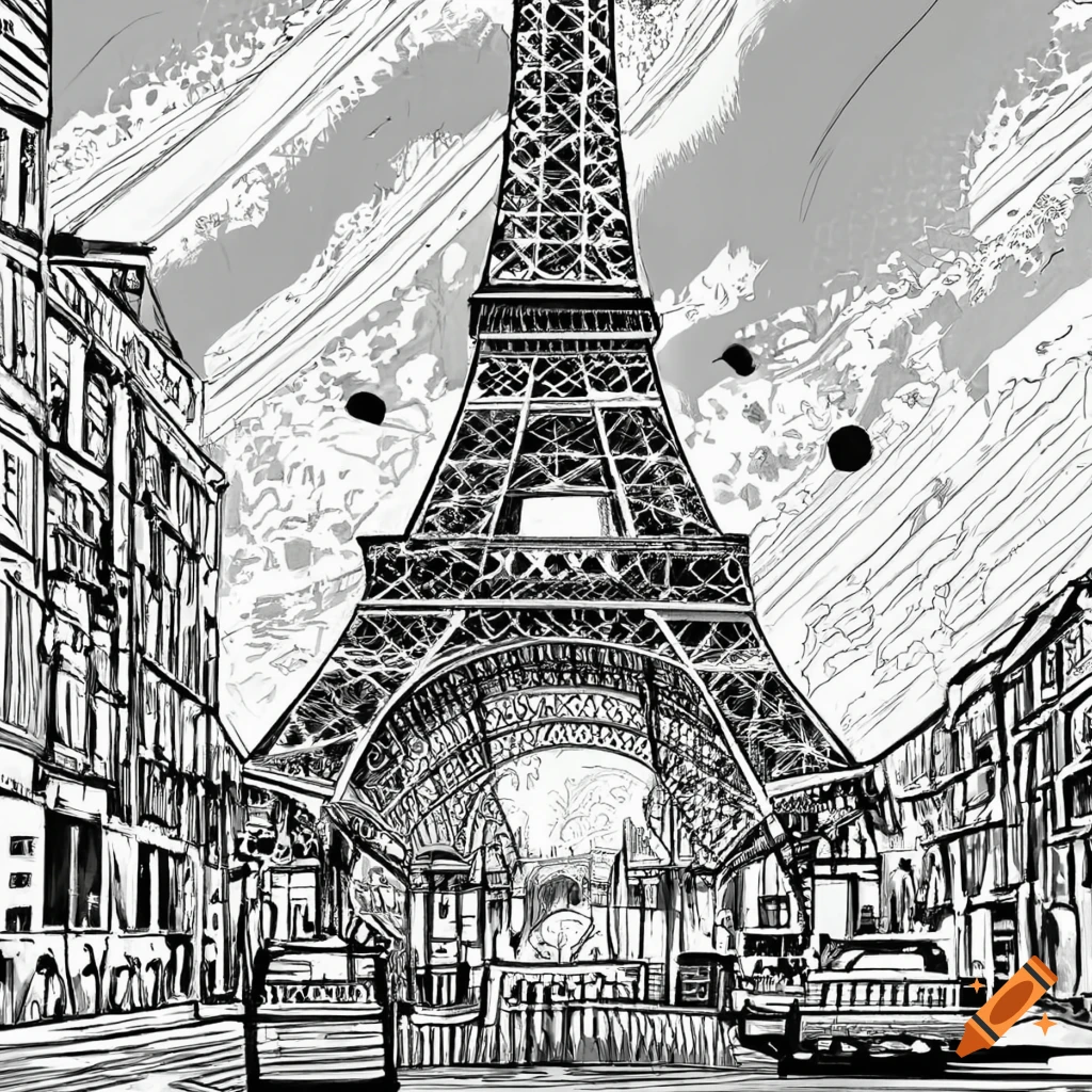 Coloring page of the eiffel tower and parisian streets on