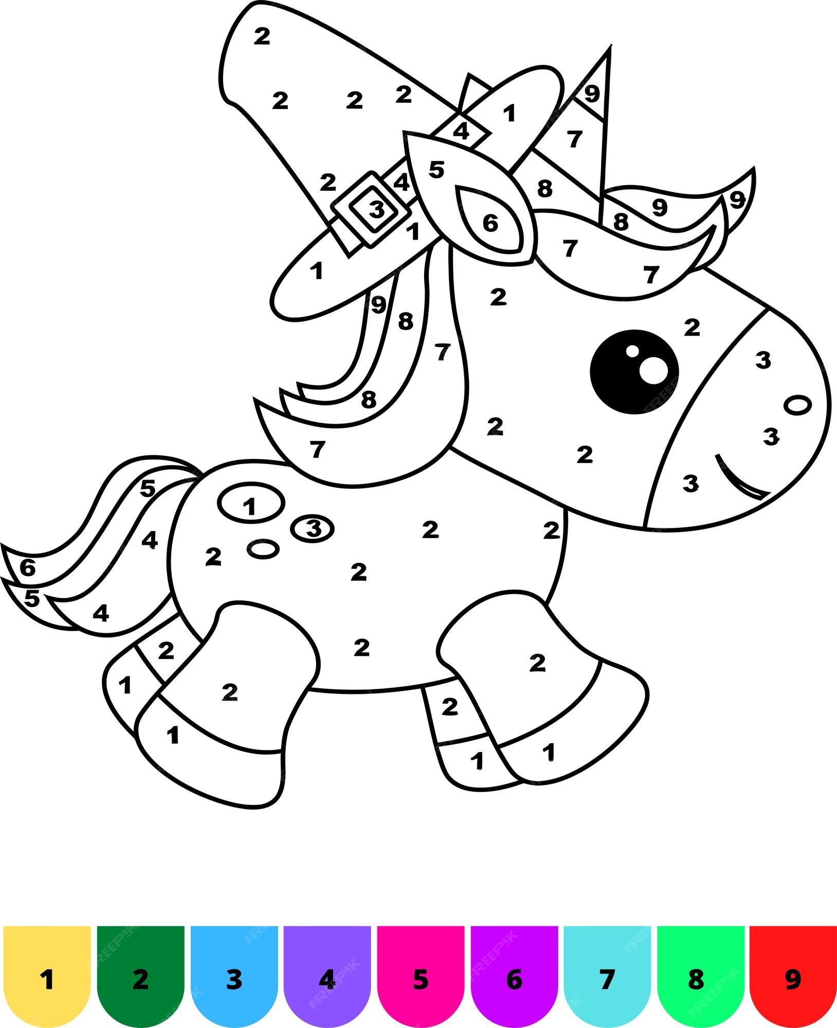 Premium vector color by number unicorn coloring pages for kids or kdp book unicorn color by number pages no