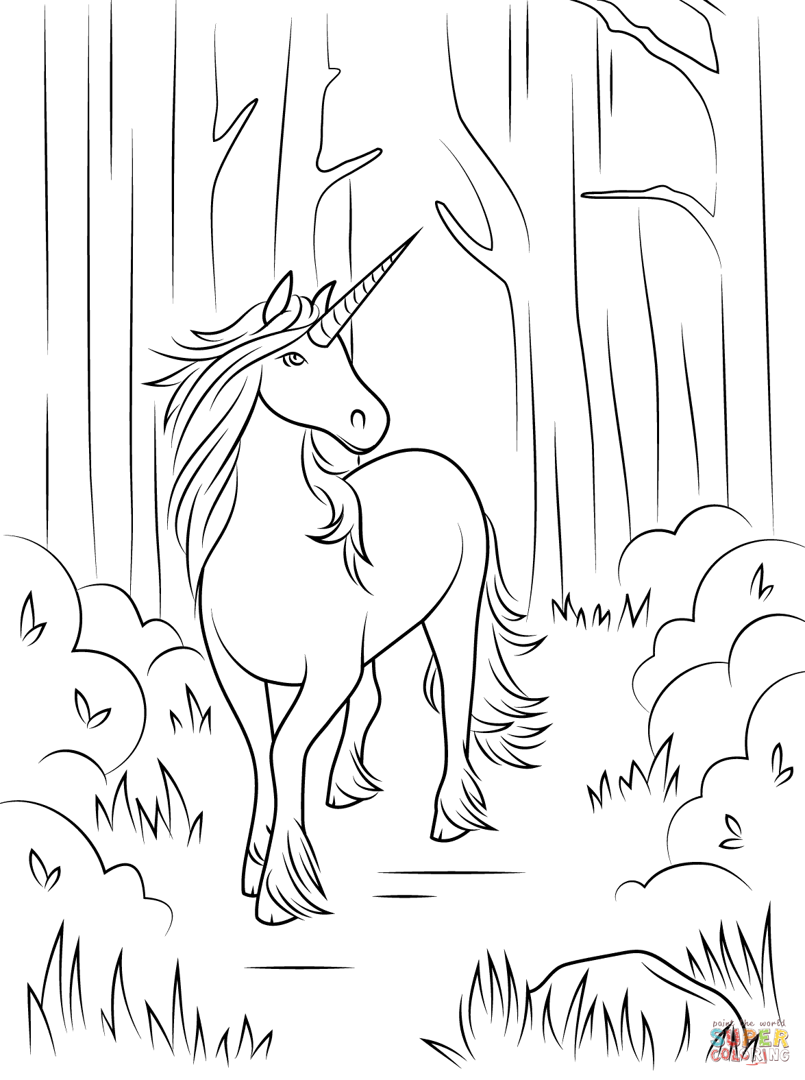 Forest unicorn coloring page free printable coloring pages