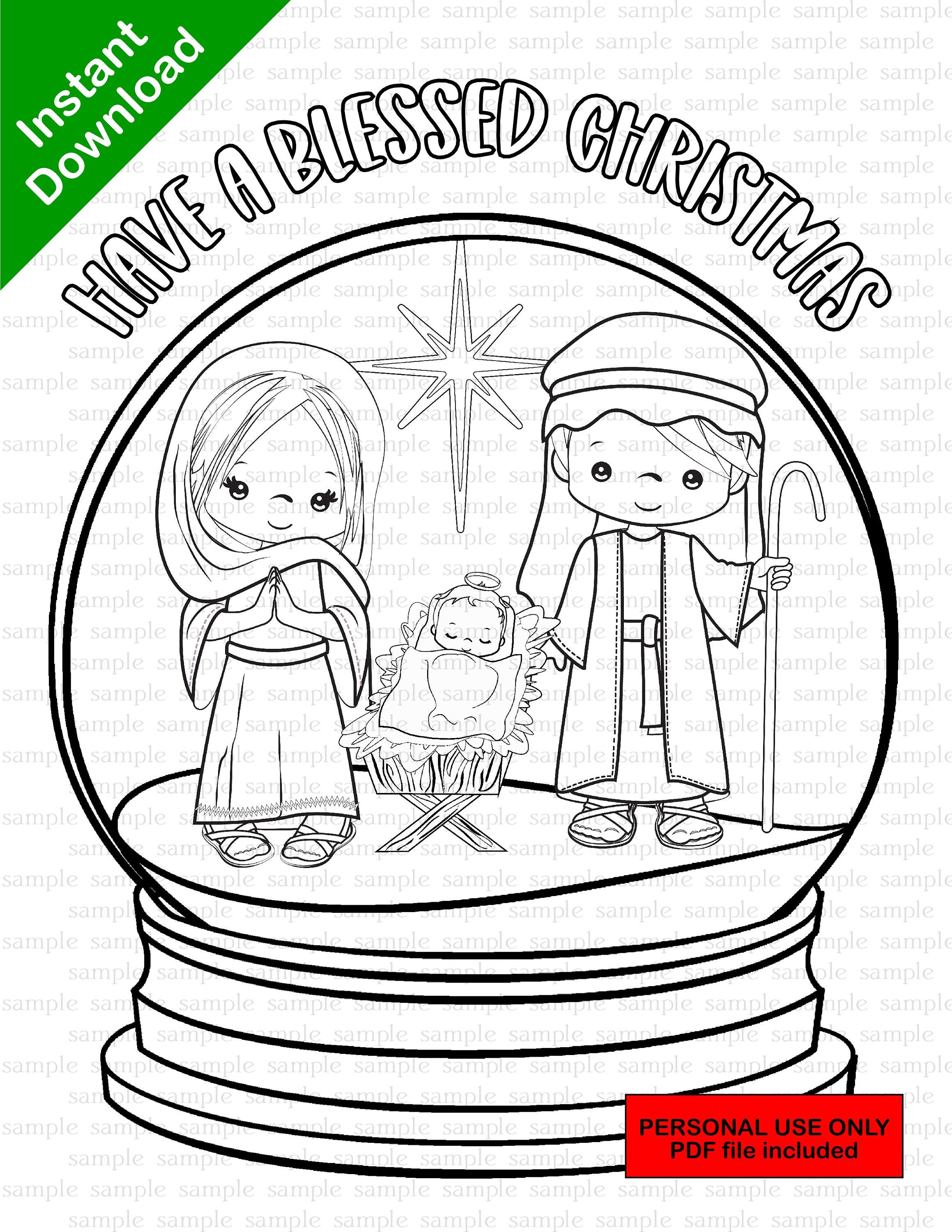 Pãgina para colorear de la natividad hoja para colorear del nacimiento de jesãºs nace el salvador bola de nieve descarga instantãnea pdf incluido