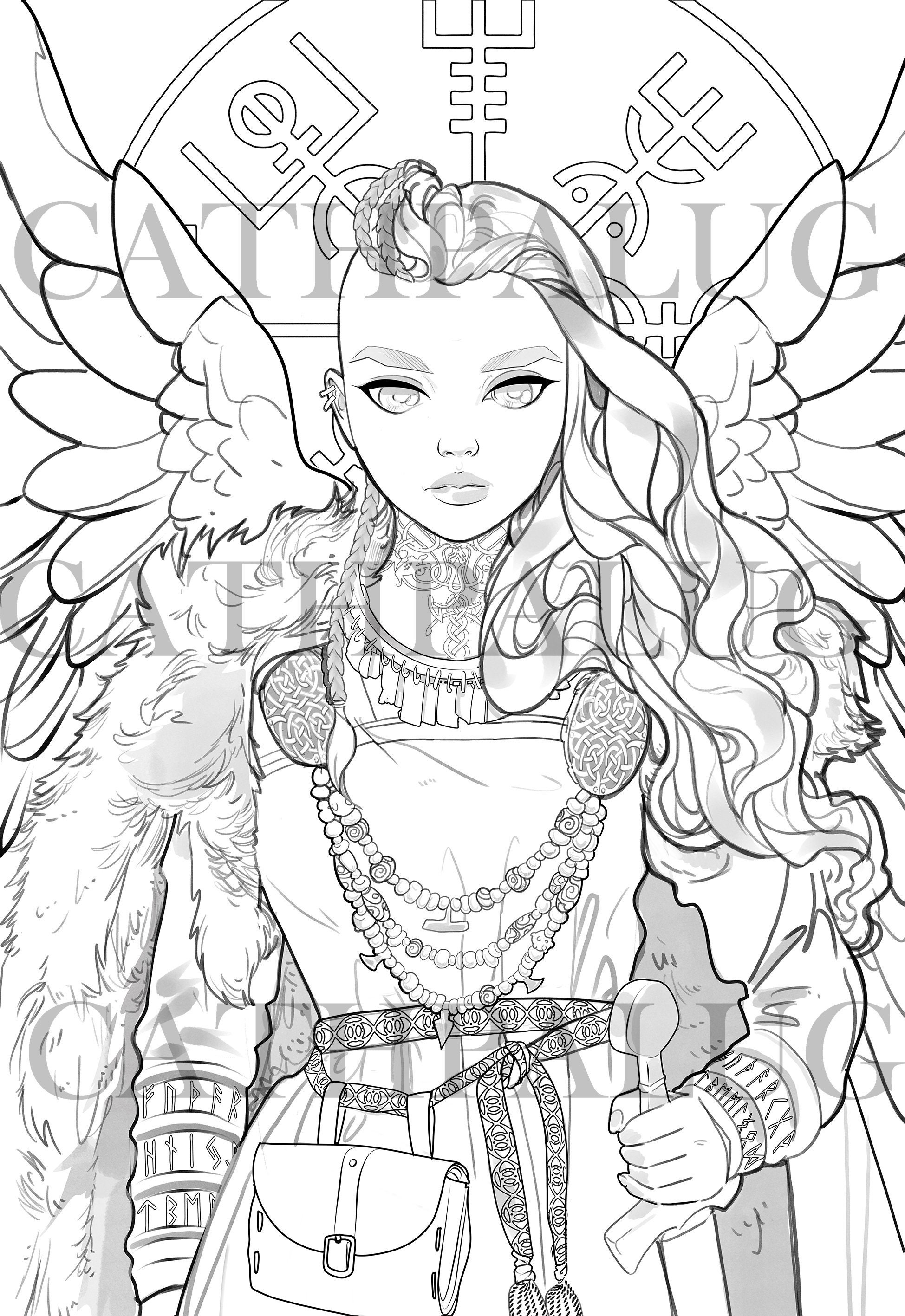 Digital stamp frigg freya goddess norse mythology queen coloring book line art valkyrie adult coloring page