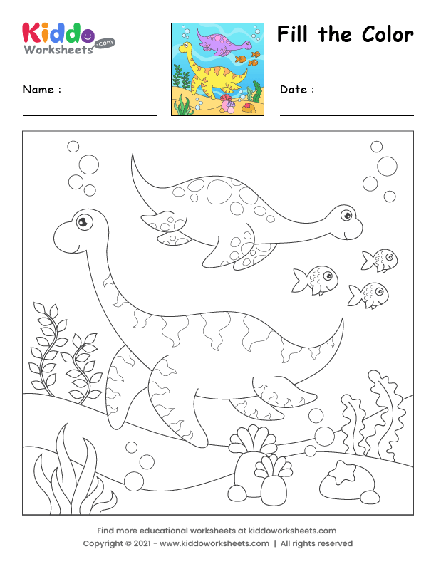 Free printable fill the color elasmosaurus worksheet