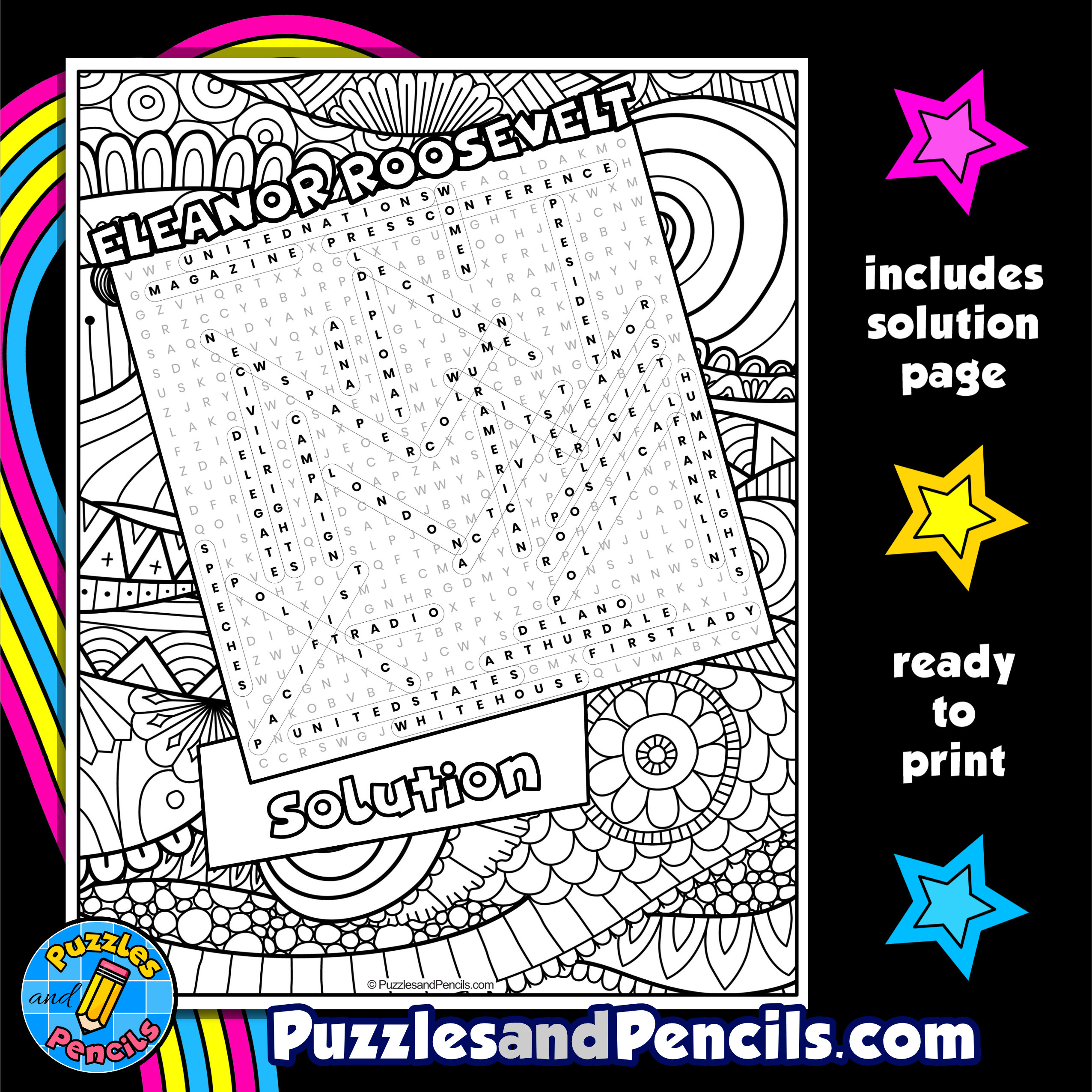 Eleanor roosevelt word search puzzle activity page with coloring womens history month wordsearch made by teachers