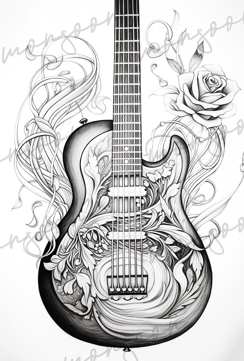 Ornamental guitars grayscale coloring book digital â monsoon publishing usa