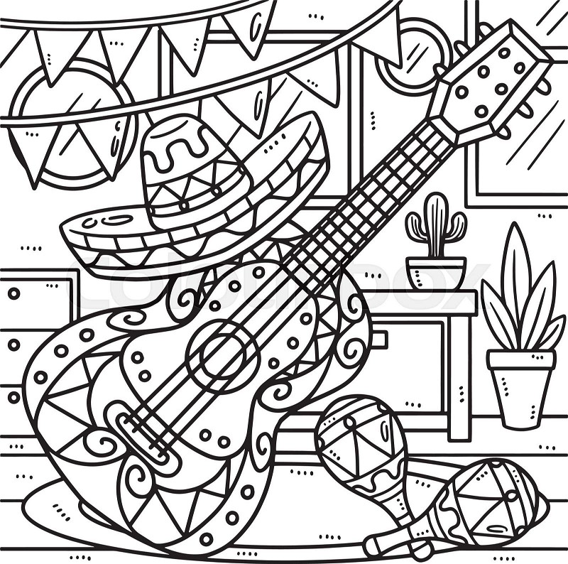 Cinco de mayo guitar and maracas coloring page stock vector