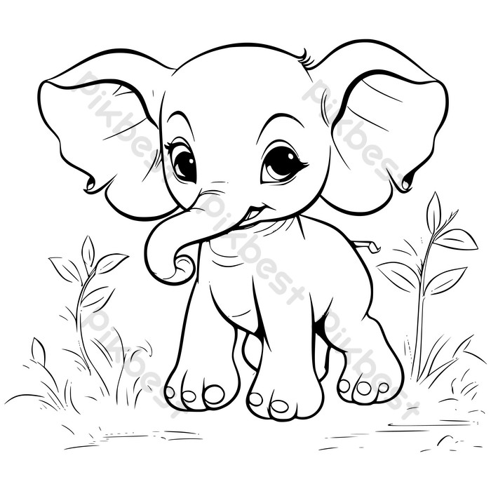 Baby elephant coloring page drawing for kids illustration ai free download