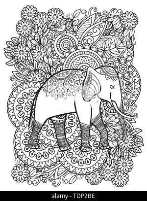 Ethnic elephant line art vector illustration oriental pattern with flowers and mandalas hand drawn vector illustration coloring page for adult coloring book stock vector image art