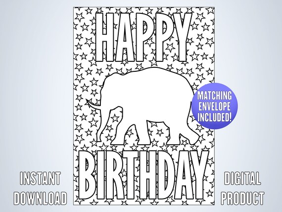 Happy birthday space elephant coloring card printable elephant constellation birthday card mammoth coloring page rainbow star animal art