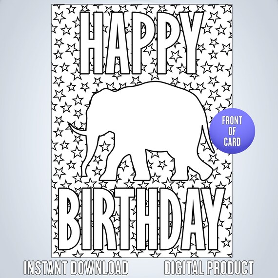 Happy birthday space elephant coloring card printable elephant constellation birthday card mammoth coloring page rainbow star animal art