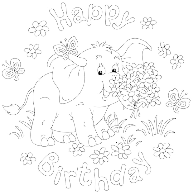 Premium vector happy birthday card with merry butterflies and a little elephant with a bouquet of summer flowers