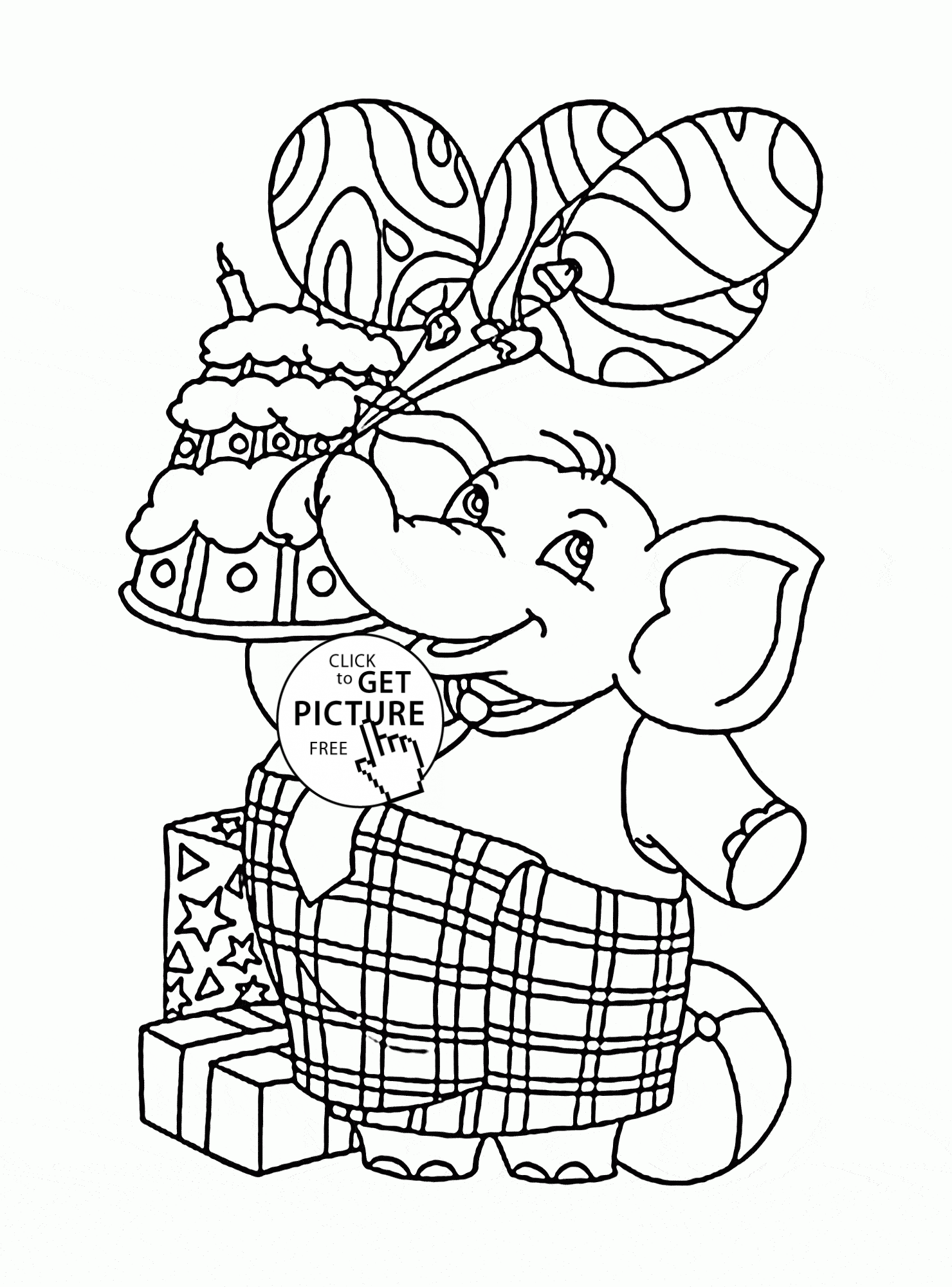 Funny elephant with balloons and birthday cake coloring page for kids holiday colorâ birthday coloring pages happy birthday coloring pages christmas cards kids