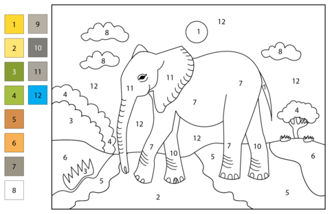 Elephant color by number free printable coloring pages