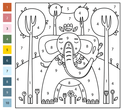 Elephant color by number free printable coloring pages