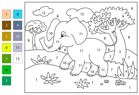 Elephant color by number free printable coloring pages