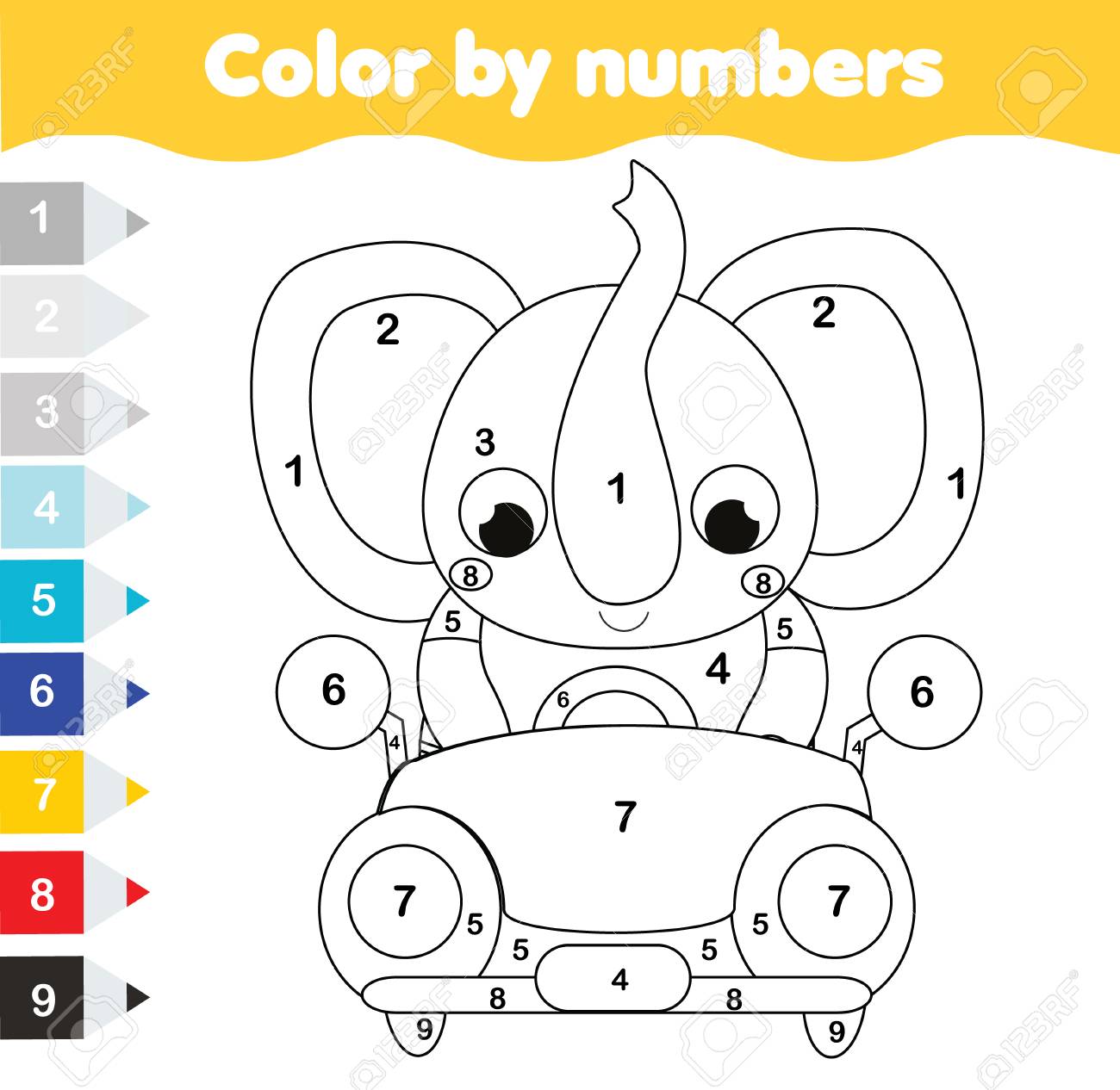 Coloring page for kids educational children game color by numbers cartoon elephant drive car royalty free svg cliparts vectors and stock illustration image