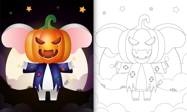 Premium vector coloring book with a cute elephant using costume scarecrow and pumpkin halloween